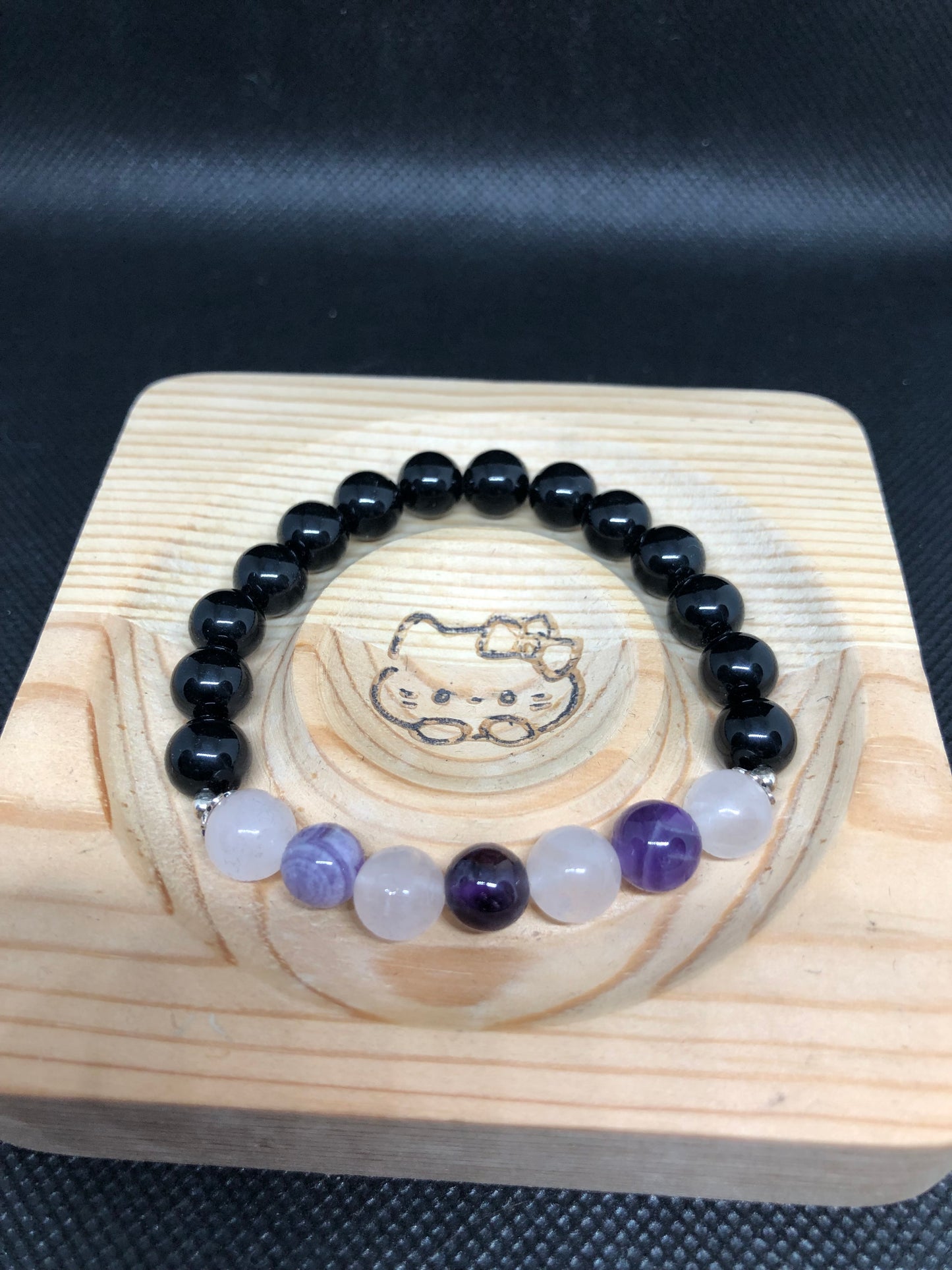 Bracelet Obsidienne, quartz blanc et amethiste serti d'accents argent 9.25