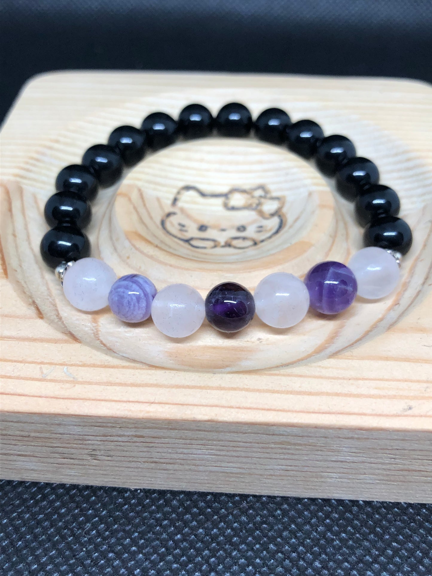 Bracelet Obsidienne, quartz blanc et amethiste serti d'accents argent 9.25