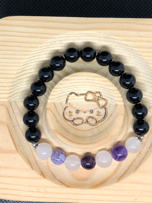 Bracelet Obsidienne, quartz blanc et amethiste serti d'accents argent 9.25